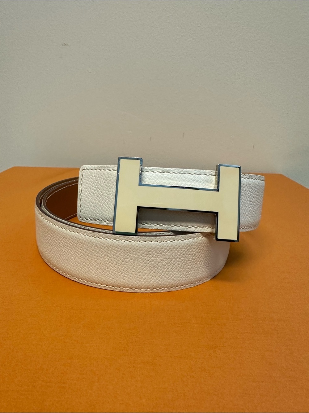 Hermes White/Brown Reversible Leather Belt with H Buckle